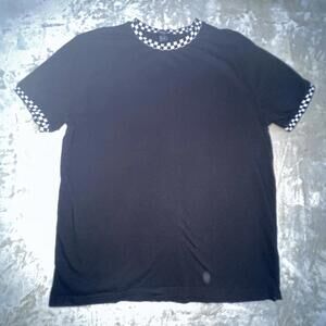 Forever 21 Men’s Black Fitted T-Shirt With Checkered Neck And Sleeve Cuffs Sz L